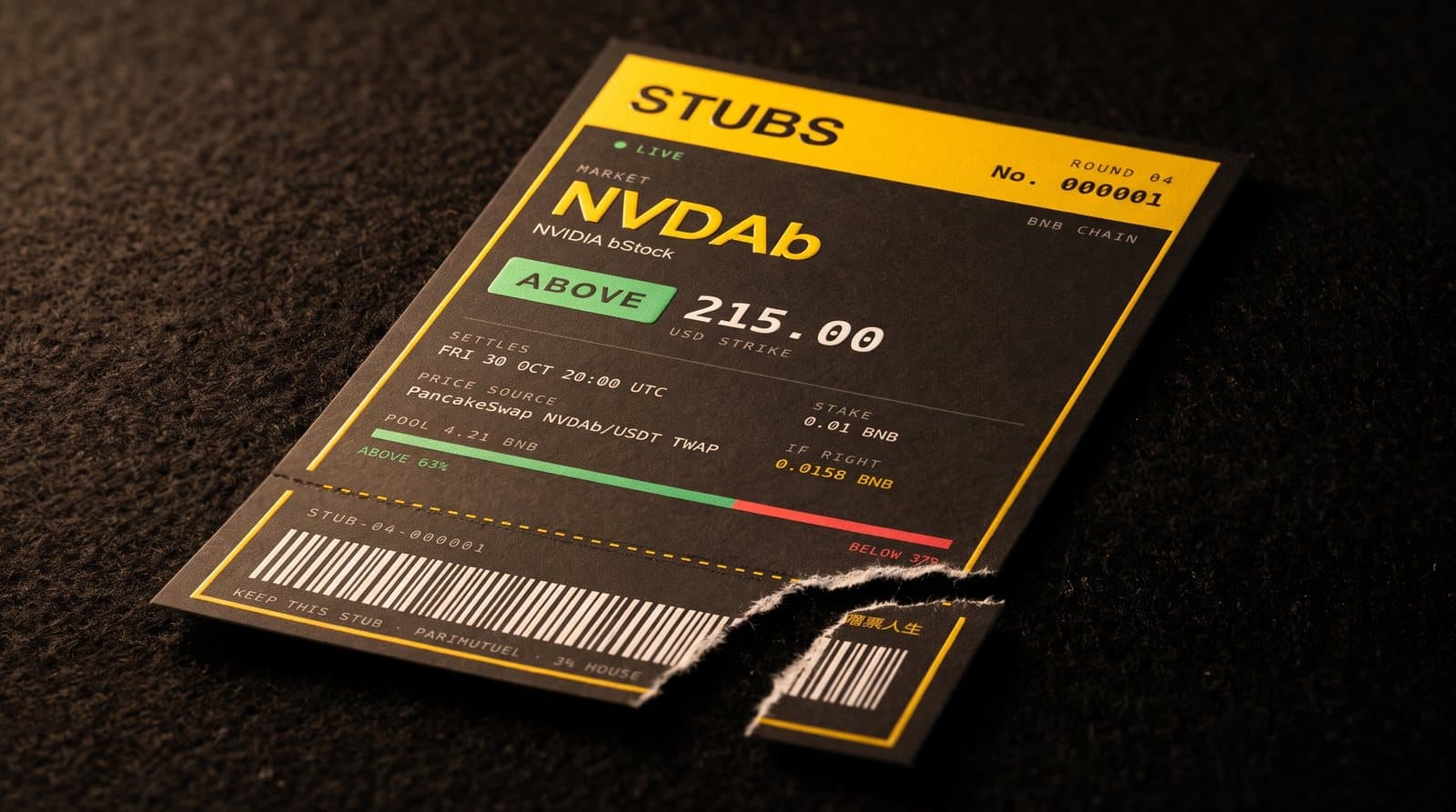 A STUBS ticket, torn along the perforation, on black felt